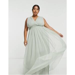 Anaya Bridesmaid V Neck Ruffle Waist Maxi Dress Sage Green Womens Plus Size 18